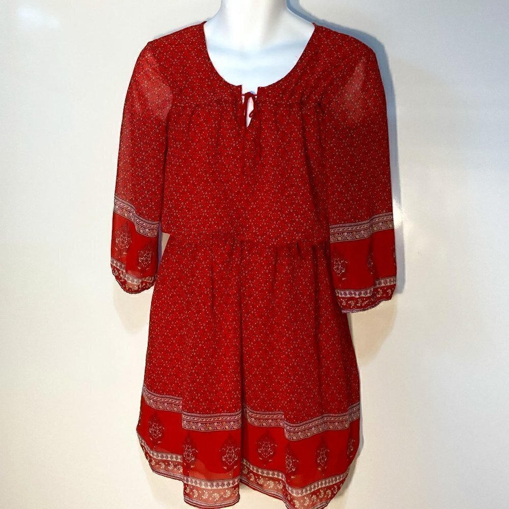 AUW SZ L (J) Red print baby doll long sleeve dress flowy boho peasant